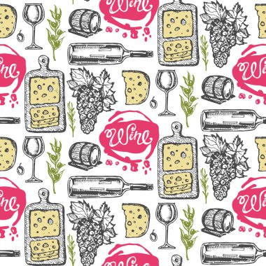 Elle çizilmiş doodle şarap koleksiyonu. Üzüm ve peynir