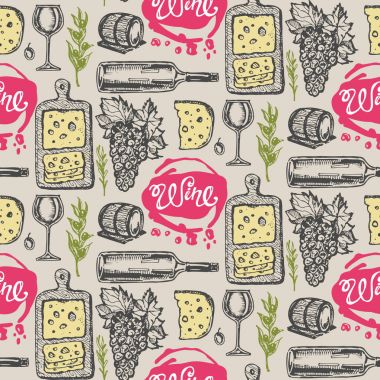 Elle çizilmiş doodle şarap koleksiyonu. Üzüm ve peynir