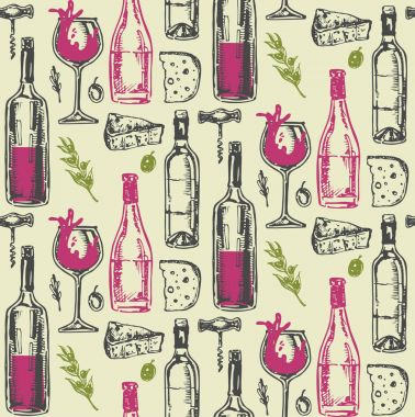 Elle çizilmiş doodle şarap koleksiyonu. Üzüm ve peynir