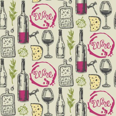 Elle çizilmiş doodle şarap koleksiyonu. Üzüm ve peynir