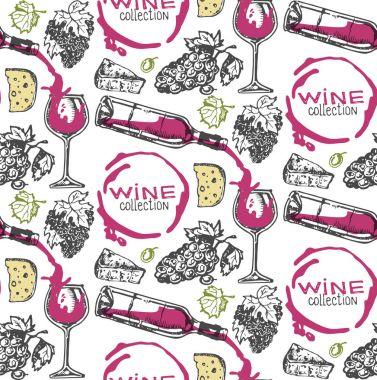 Elle çizilmiş doodle şarap koleksiyonu. Üzüm ve peynir