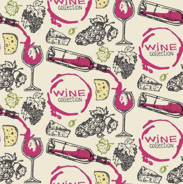 Elle çizilmiş doodle şarap koleksiyonu. Üzüm ve peynir