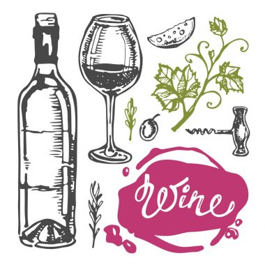 Elle çizilmiş doodle şarap koleksiyonu. Üzüm ve peynir
