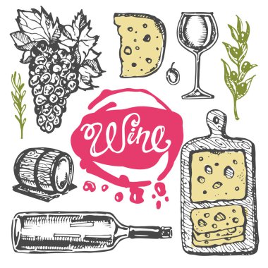 Elle çizilmiş doodle şarap koleksiyonu. Üzüm ve peynir