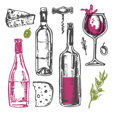 Elle çizilmiş doodle şarap koleksiyonu. Üzüm ve peynir