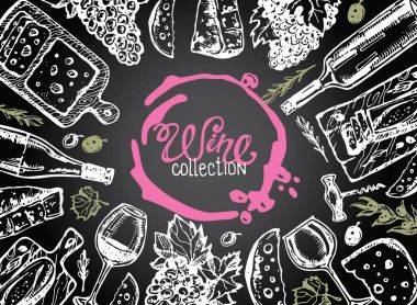 Elle çizilmiş doodle şarap koleksiyonu. Üzüm ve peynir