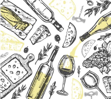 Elle çizilmiş doodle şarap koleksiyonu. Üzüm ve peynir