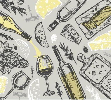 Elle çizilmiş doodle şarap koleksiyonu. Üzüm ve peynir