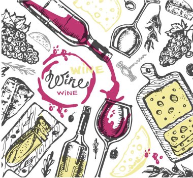Elle çizilmiş doodle şarap koleksiyonu. Üzüm ve peynir