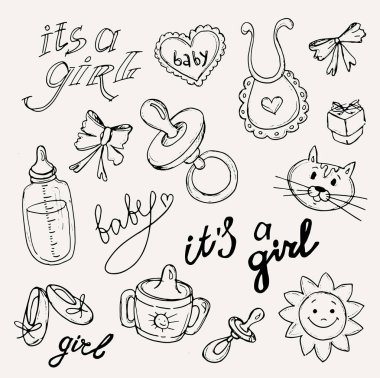 Bebek duş tasarım illüstrasyon simgeler vektör, çizilmiş bebek seti el.