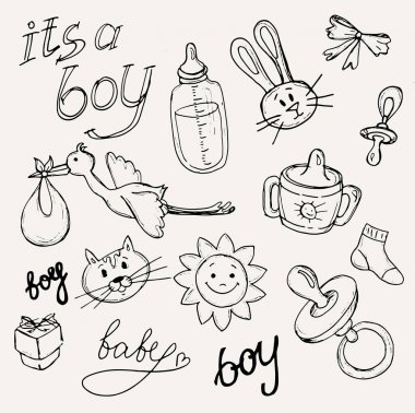 Bebek duş tasarım illüstrasyon simgeler vektör, çizilmiş bebek seti el.