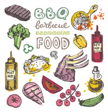 Büyük elle çizilmiş doodle Barbekü Seti. Barbekü gıda