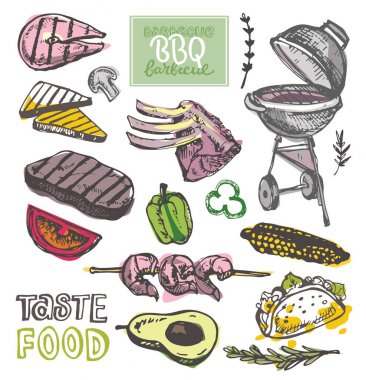 Büyük elle çizilmiş doodle Barbekü Seti. Barbekü gıda