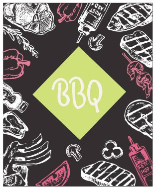 Büyük elle çizilmiş doodle Barbekü Seti. Barbekü gıda