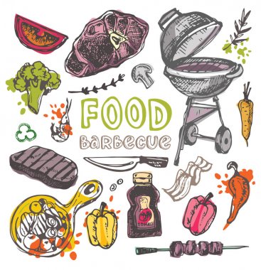 Büyük elle çizilmiş doodle Barbekü Seti. Barbekü gıda