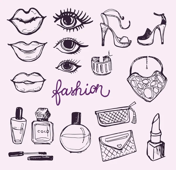 Büyük vektör moda kroki set. Elle çizilmiş grafik dudaklar, parfüm. Glamour moda kroki. Vektör çizim