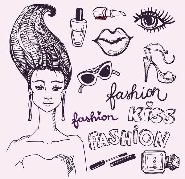 Gran conjunto de bocetos de moda vectorial. Labio gráfico dibujado a mano, perfume. Boceto de moda Glamour. Ilustración vectorial — Vector de stock