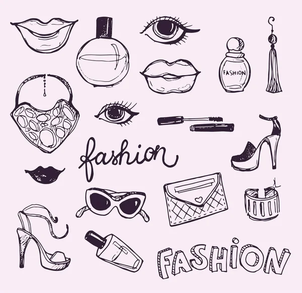 Gran conjunto de bocetos de moda vectorial. Labio gráfico dibujado a mano, perfume. Boceto de moda Glamour. Ilustración vectorial — Vector de stock