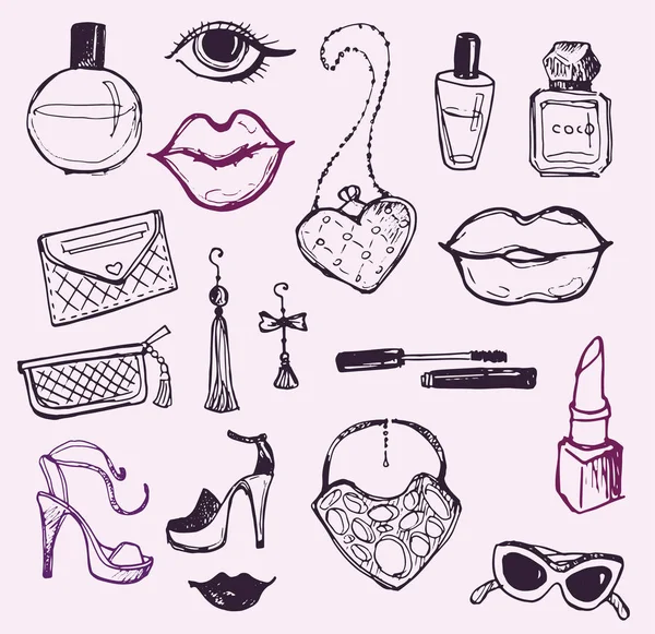 Big vector fashion sketch set. Hand drawn graphic lips, perfume. Glamour fashion sketch.Vector illustration — Stock Vector