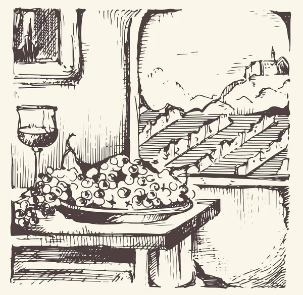 Bağ orijinal el çekilmiş koleksiyonu. çizilmiş üzüm bağları ver. Vektör çizim. Kırsal manzara, tarım