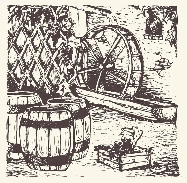 Ilustração vetorial. ilustração de uvas.Moinho de água velho - coleção desenhada à mão . — Vetor de Stock