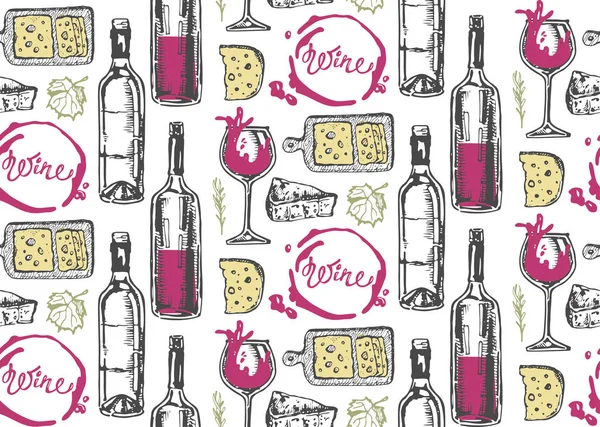 Elle çizilmiş doodle şarap koleksiyonu. Üzüm ve peynir