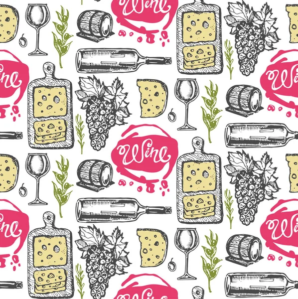 Elle çizilmiş doodle şarap koleksiyonu. Üzüm ve peynir