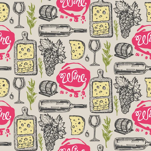 Elle çizilmiş doodle şarap koleksiyonu. Üzüm ve peynir