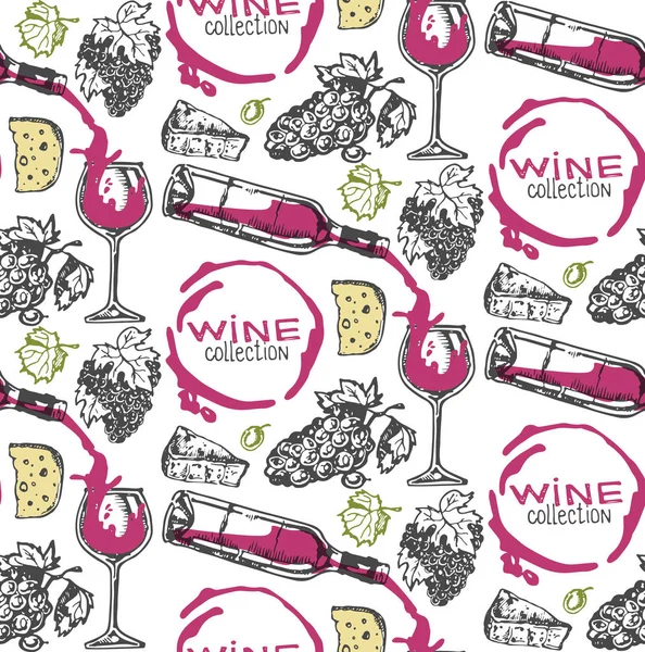 Elle çizilmiş doodle şarap koleksiyonu. Üzüm ve peynir