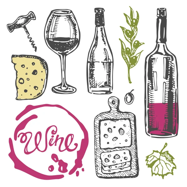 Elle çizilmiş doodle şarap koleksiyonu. Üzüm ve peynir