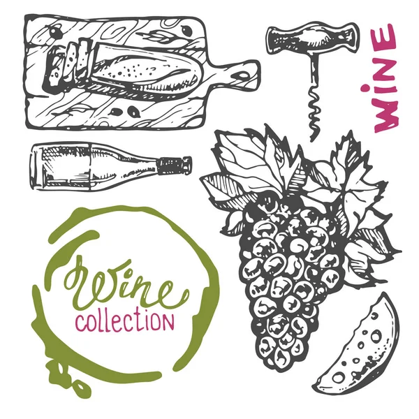 Elle çizilmiş doodle şarap koleksiyonu. Üzüm ve peynir