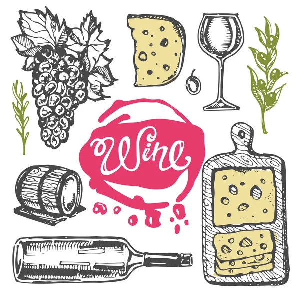 Elle çizilmiş doodle şarap koleksiyonu. Üzüm ve peynir