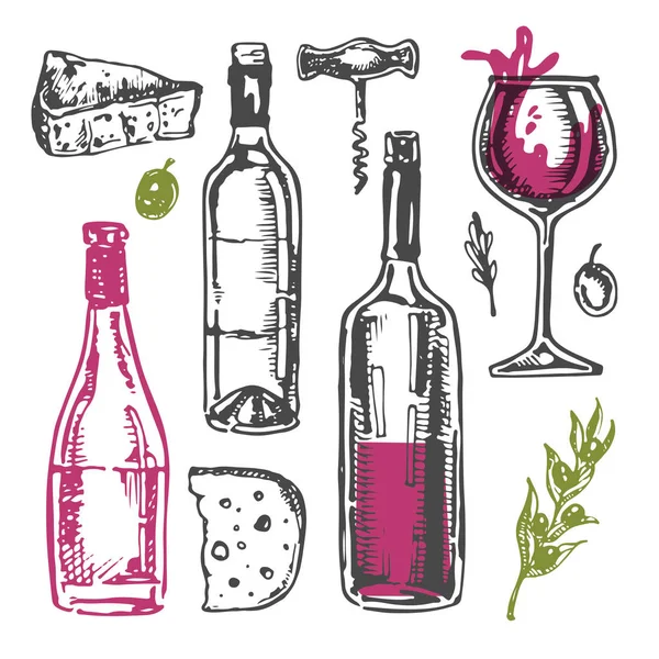 Elle çizilmiş doodle şarap koleksiyonu. Üzüm ve peynir