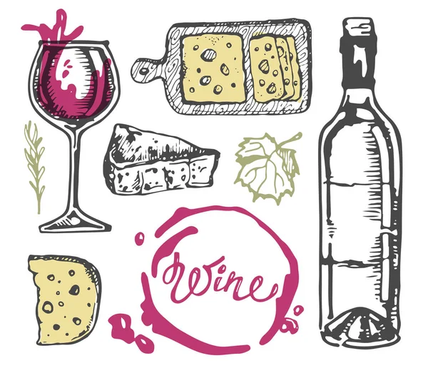 Elle çizilmiş doodle şarap koleksiyonu. Üzüm ve peynir