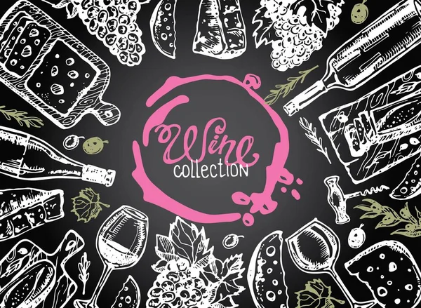Elle çizilmiş doodle şarap koleksiyonu. Üzüm ve peynir