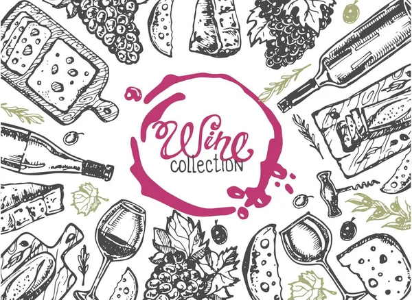 Elle çizilmiş doodle şarap koleksiyonu. Üzüm ve peynir