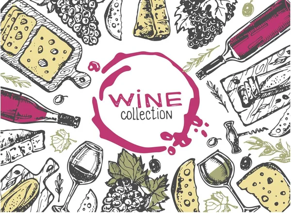 Elle çizilmiş doodle şarap koleksiyonu. Üzüm ve peynir