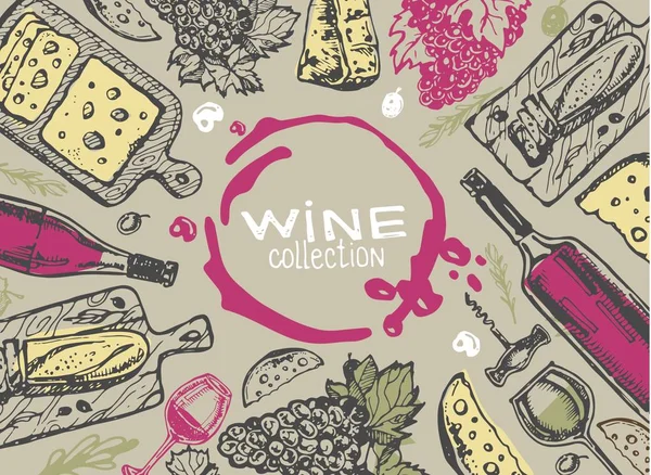 Elle çizilmiş doodle şarap koleksiyonu. Üzüm ve peynir