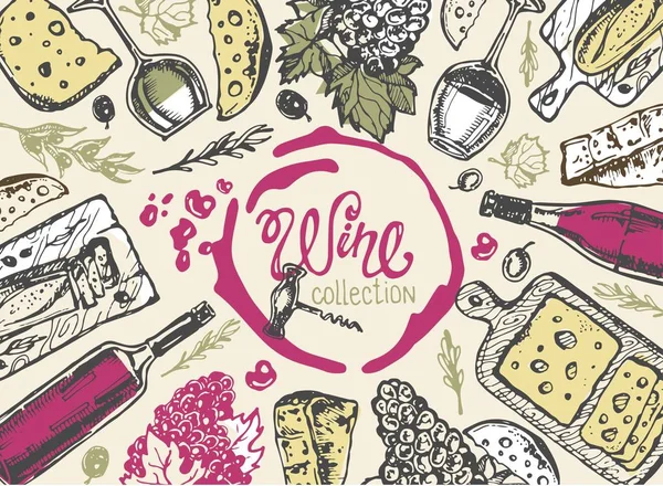 Elle çizilmiş doodle şarap koleksiyonu. Üzüm ve peynir
