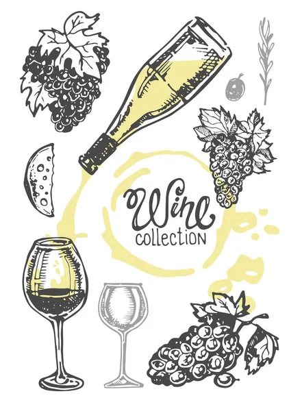 Kézzel rajzolt firka bor gyűjtemény. Szőlő és a sajt — Stock Vector