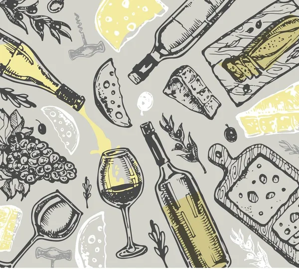 Elle çizilmiş doodle şarap koleksiyonu. Üzüm ve peynir