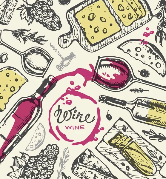 Elle çizilmiş doodle şarap koleksiyonu. Üzüm ve peynir