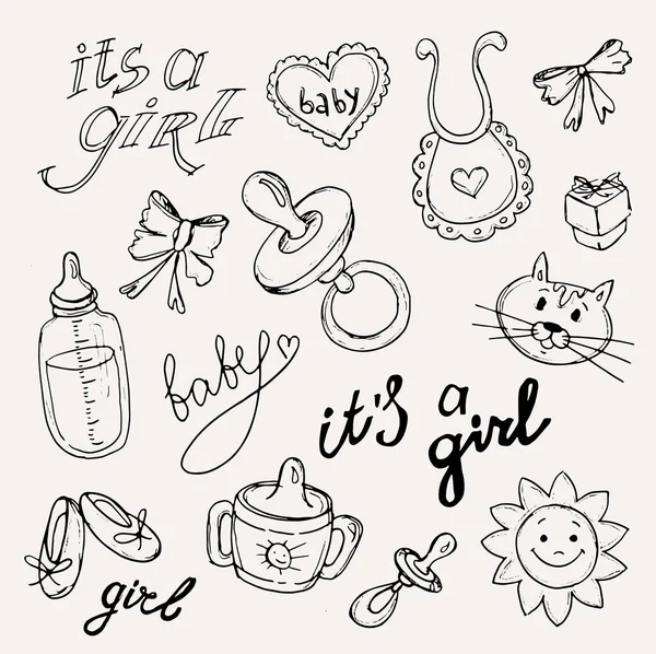 Bebek duş tasarım illüstrasyon simgeler vektör, çizilmiş bebek seti el.