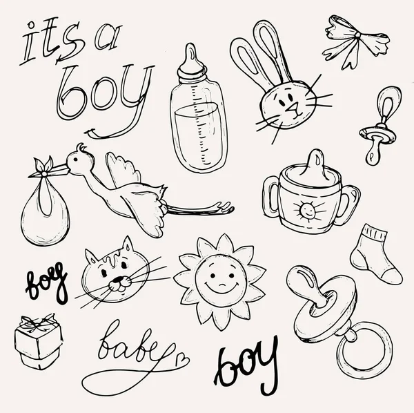 赤ちゃんシャワー デザインのセットのベクトルのイラスト アイコン、手描きベビー セット. — ストックベクタ