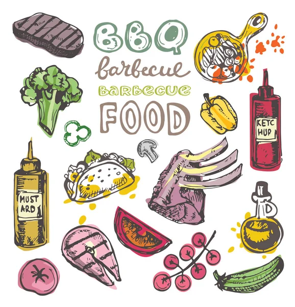 Büyük elle çizilmiş doodle Barbekü Seti. Barbekü gıda