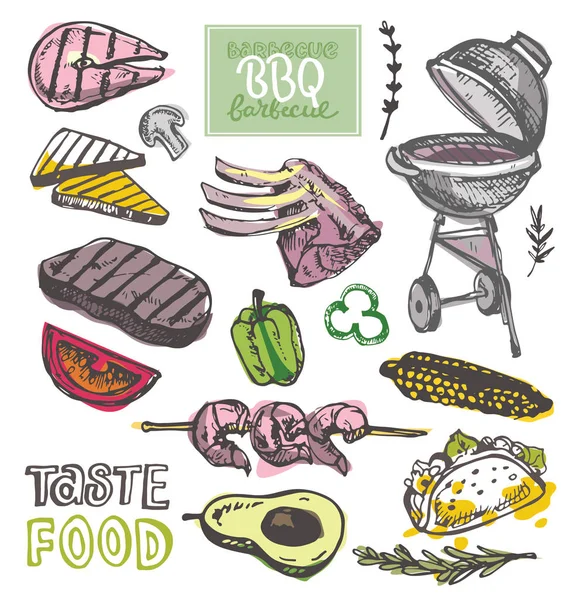 Büyük elle çizilmiş doodle Barbekü Seti. Barbekü gıda