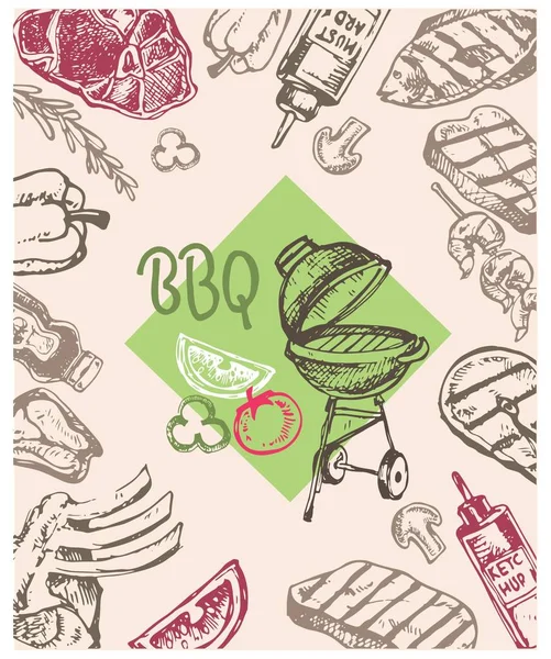 Büyük elle çizilmiş doodle Barbekü Seti. Barbekü gıda