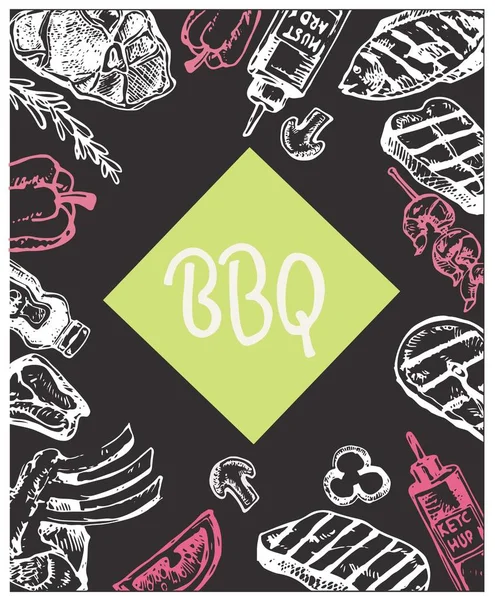 Büyük elle çizilmiş doodle Barbekü Seti. Barbekü gıda
