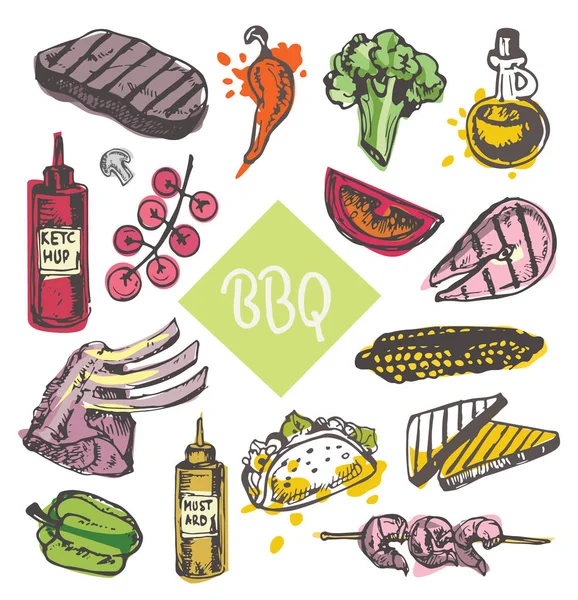 Büyük elle çizilmiş doodle Barbekü Seti. Barbekü gıda