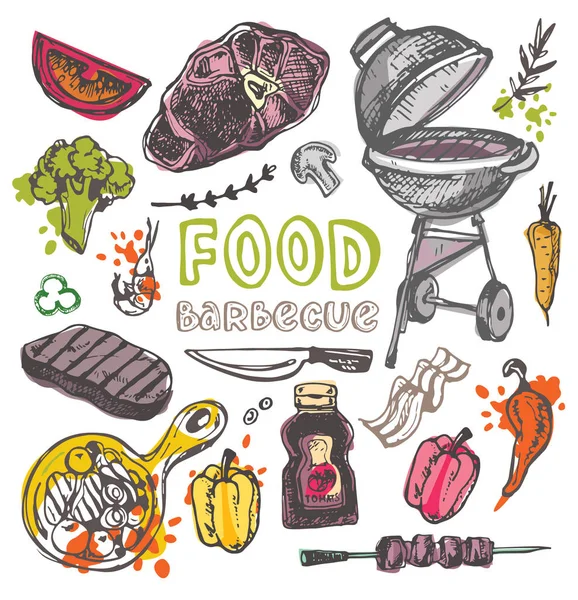 Büyük elle çizilmiş doodle Barbekü Seti. Barbekü gıda